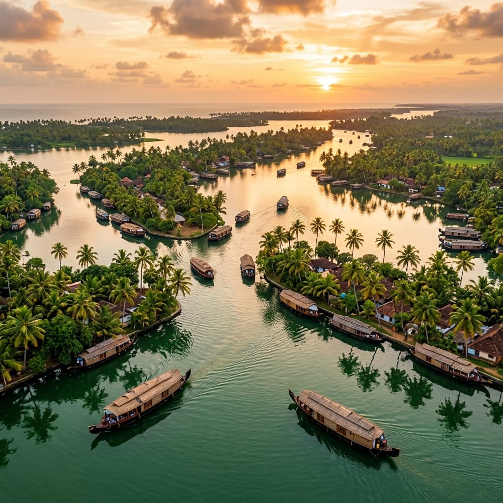 Aerial view of Kerala backwaters with traditional houseboats at sunset