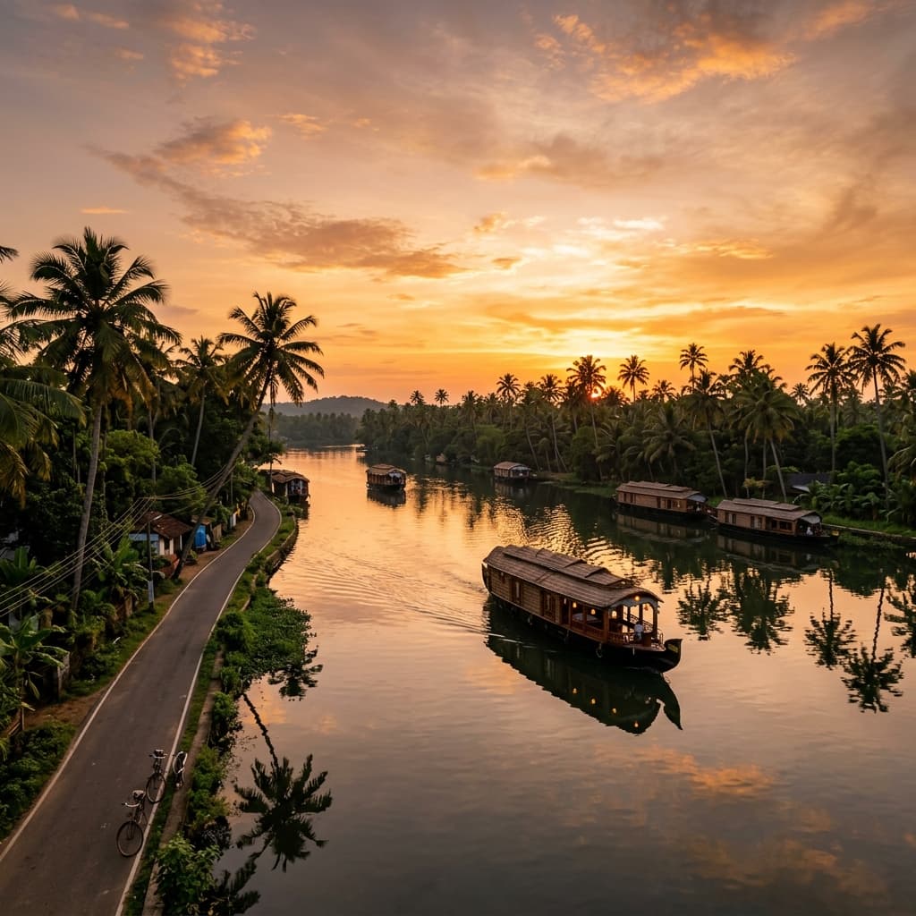Luxury travel on scenic Kerala backwater road at golden sunset
